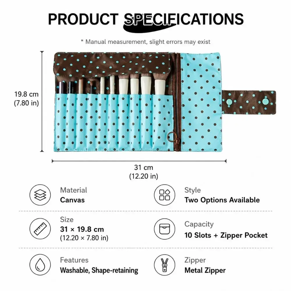 sac de rangement élégant pour pinceaux de maquillage à pois, sac à outils de maquillage multifonctionnel en toile, sac de maquillage portable à 10 compartiments, multifonctionnel