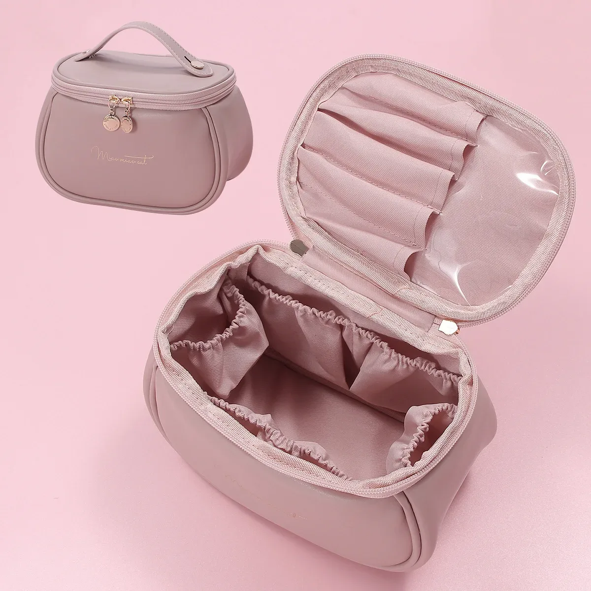 sac de maquillage portable en pu, grande pochette cosmétique imperméable, avec poignées, sac de rangement multifonctionnel pour articles de toilette de voyage