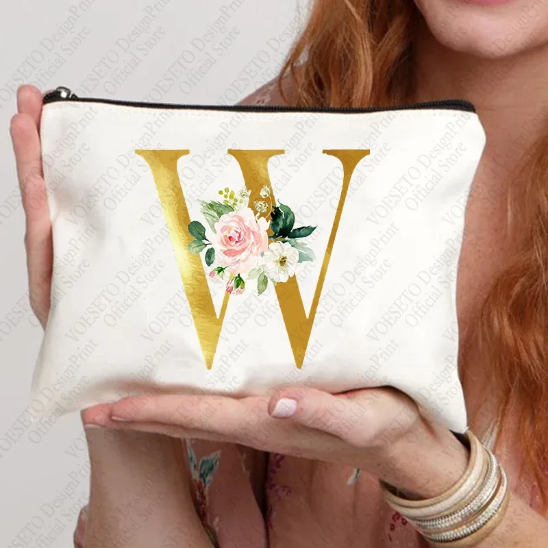 sac à fermeture éclair à motif initial pour femme, trousse de maquillage cosmétique, poudres de toile de bain de mariage, sacs de rouge à lèvres de voyage, cadeau de fête d'enterrement de vie de jeune fille