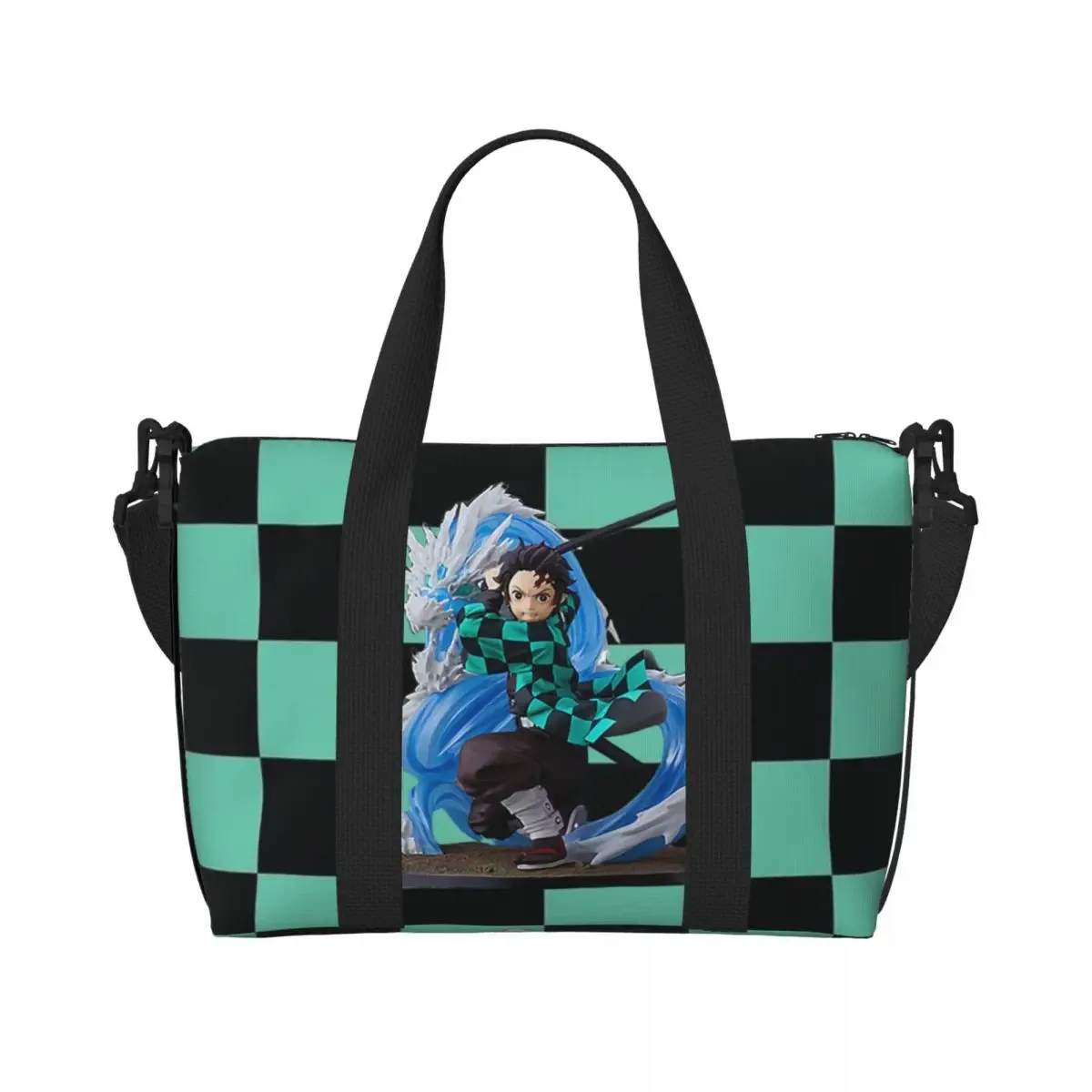 sac fourre-tout de plage personnalisé demons slayers anime manga pour femmes, tanjiro kamado nezuko, grand compartiment, sacs de voyage de plage de gym