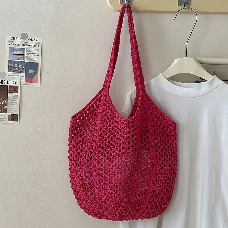 nouveau sac à bandoulière décontracté en coton tricoté grande capacité, style paresseux, avec motif ajouré en paille, pour femme, idéal pour les vacances et la plage