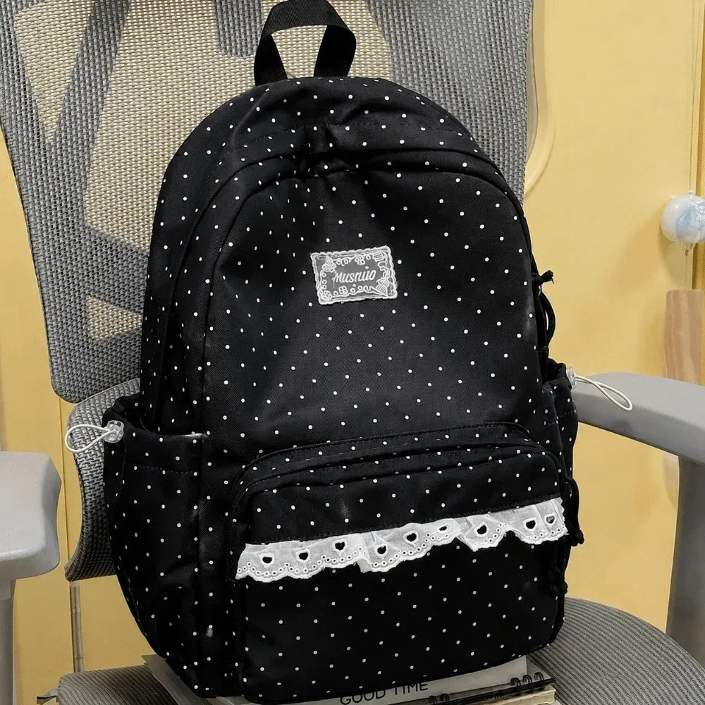 sac à dos de voyage mignon à pois, grande capacité, en nylon, pour étudiants, avec dentelle, multi-poches, sac à dos pour ordinateur portable