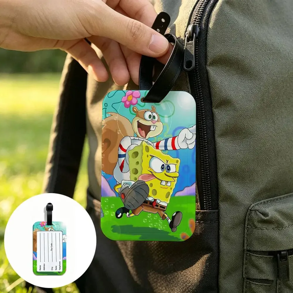 étiquette de bagage portable anti-perte en pvc, motif dessin animé mignon s-spongebob, porte-carte d'informations pour valise, sac à dos, étiquette de voyage