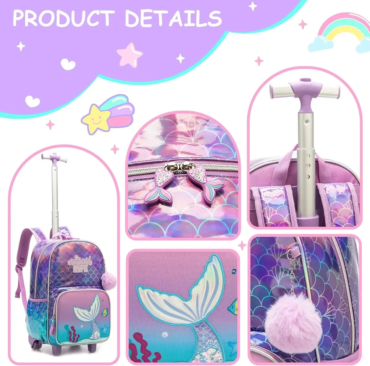 ensemble de sacs à dos roulants pour filles, sac à dos d'école avec roulettes, bagages de voyage, sac à dos à roulettes pour enfants, essentiels de rentrée scolaire