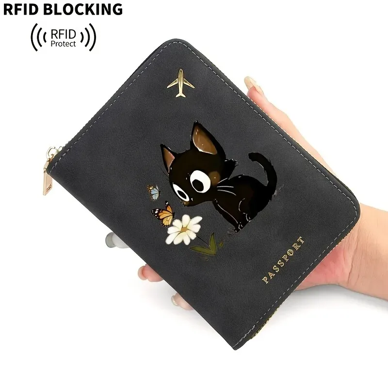 portefeuille de voyage pour femme en cuir pu avec blocage rfid, motif chat et fleurs imprimé en 2d, étui de passeport sécurisé pour documents