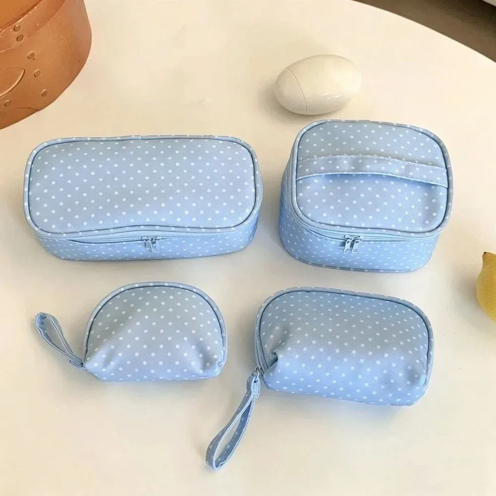pochette de maquillage en polyester à pois, sac de rangement de voyage à carreaux multi-tailles, trousse de toilette bleu clair avec fermeture éclair, pochette cosmétique pour usage quotidien
