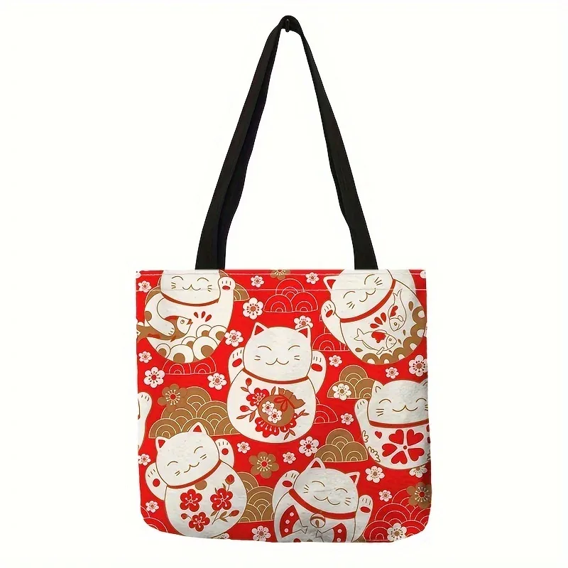 sac fourre-tout imprimé chat mignon, 1 pièce, sac à bandoulière imprimé chat porte-bonheur, sac à main à la mode pour voyage plage école shopping