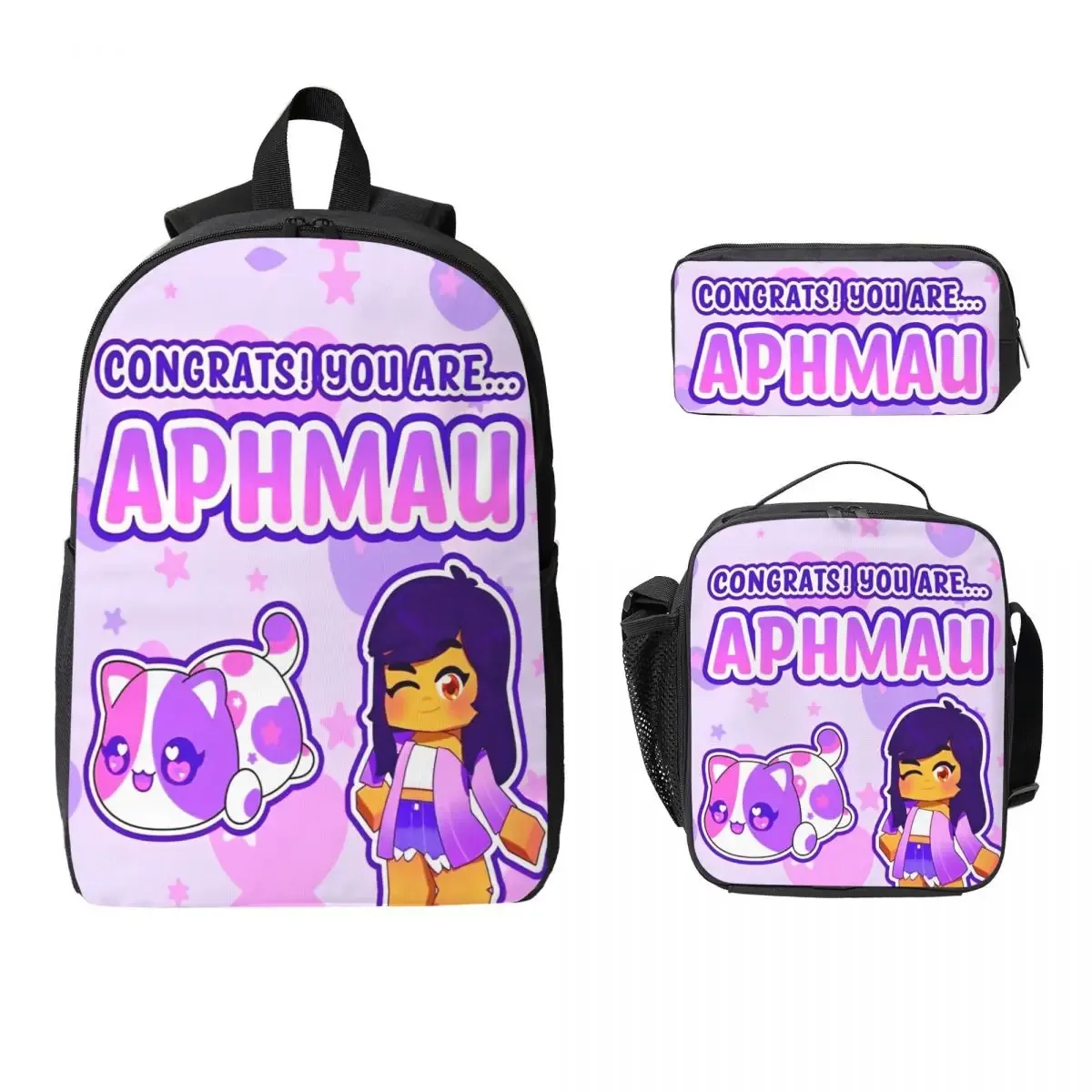 3 pièces aphmau et chats accessoires ensemble de sac à dos pour enfants sacs à stylos ensembles de sacs à livres avec boîte à déjeuner pour les écoliers sac à dos