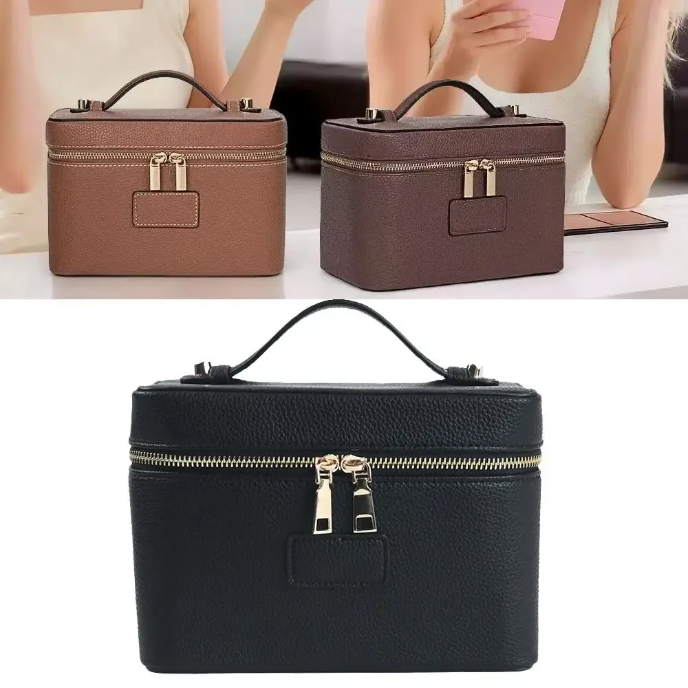 sac à maquillage en cuir pu, forme carrée, grande capacité, sac cosmétique à main, doublure amovible, pochette cosmétique imperméable ​ ​