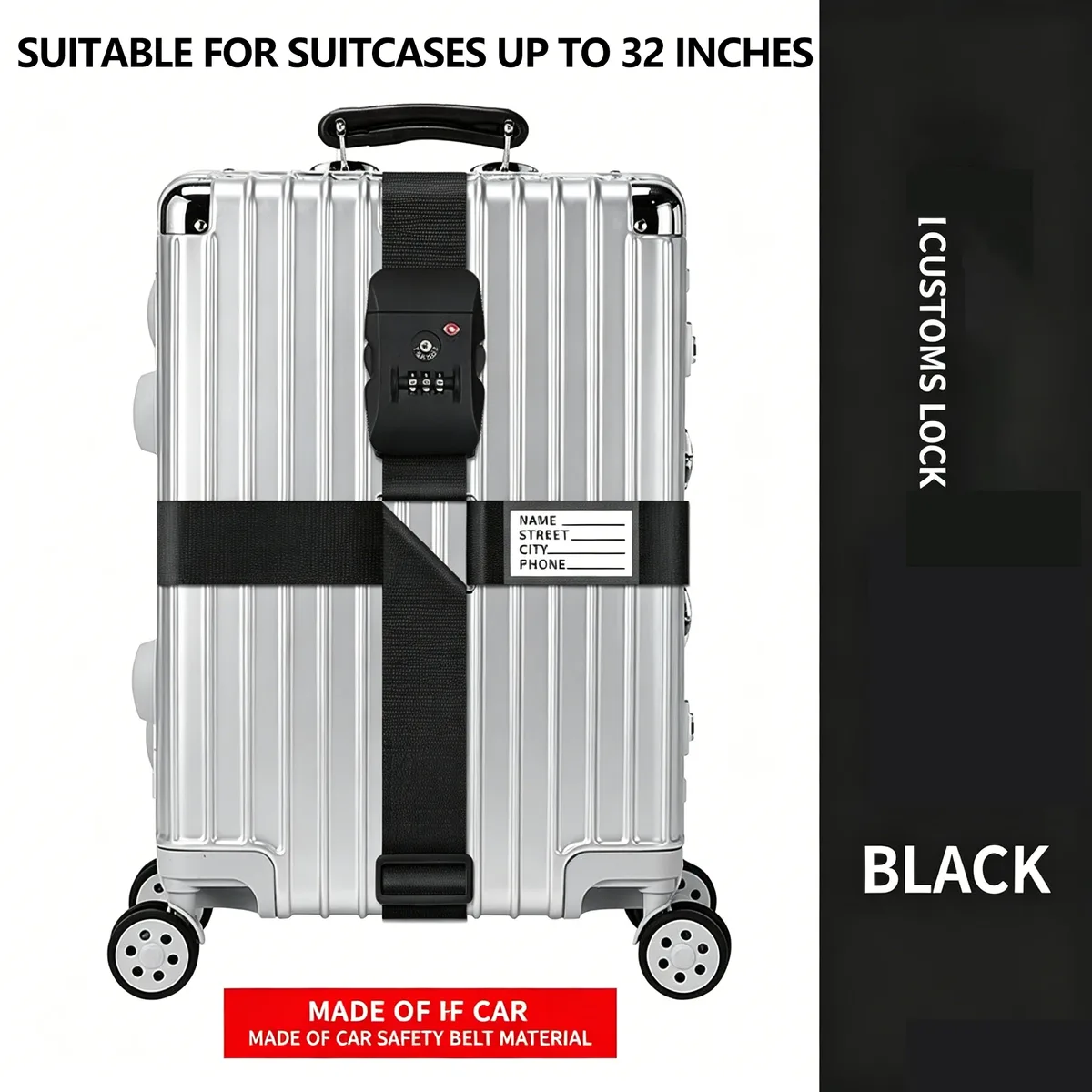 sangle de bagage croisée avec serrure tsa, sangle de valise à longueur réglable avec étiquette d'identification transparente, ceinture de voyage durable pour bagages