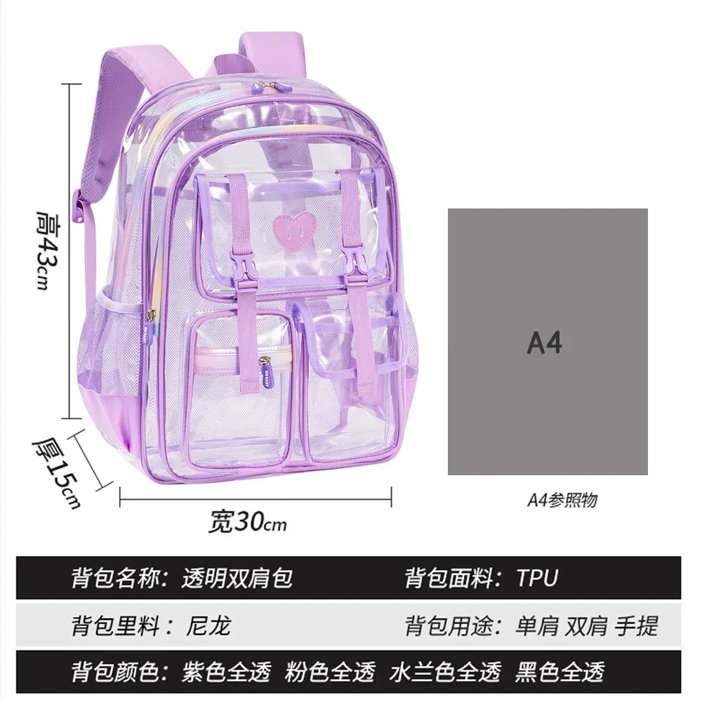 sac à dos transparent en pvc pour filles, sac d'école léger et transparent pour enfants, pour l'école quotidienne et les voyages