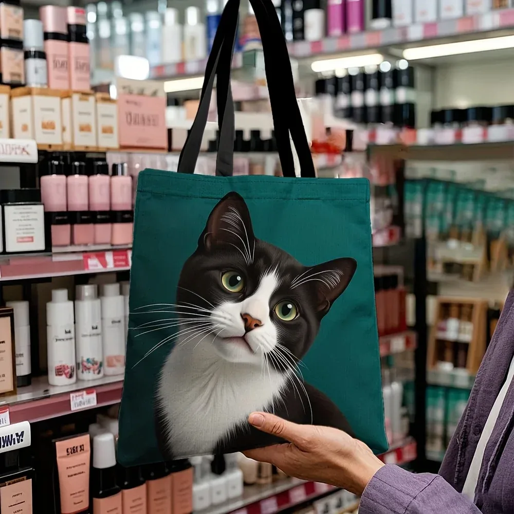 sac fourre-tout grande capacité motif chat tuxedo, réutilisable et durable, sac à bandoulière noir et blanc à rayures, motif chat sur fond turquoise