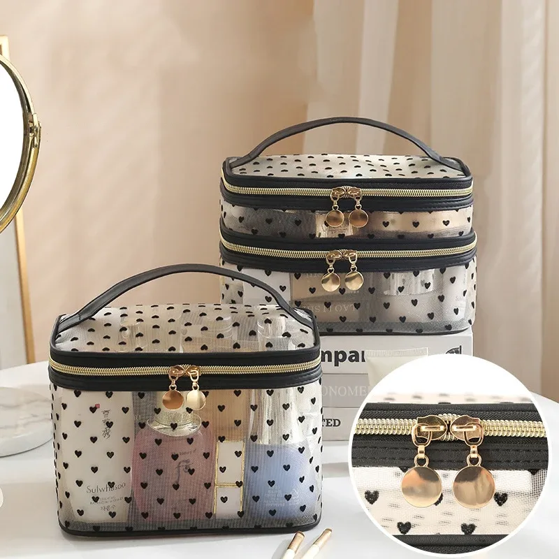 trousse à cosmétiques en maille noire à double couche, trousse de maquillage portable de grande capacité, trousses de toilette à fermeture éclair, trousse de voyage, évaluationstorage, poudres