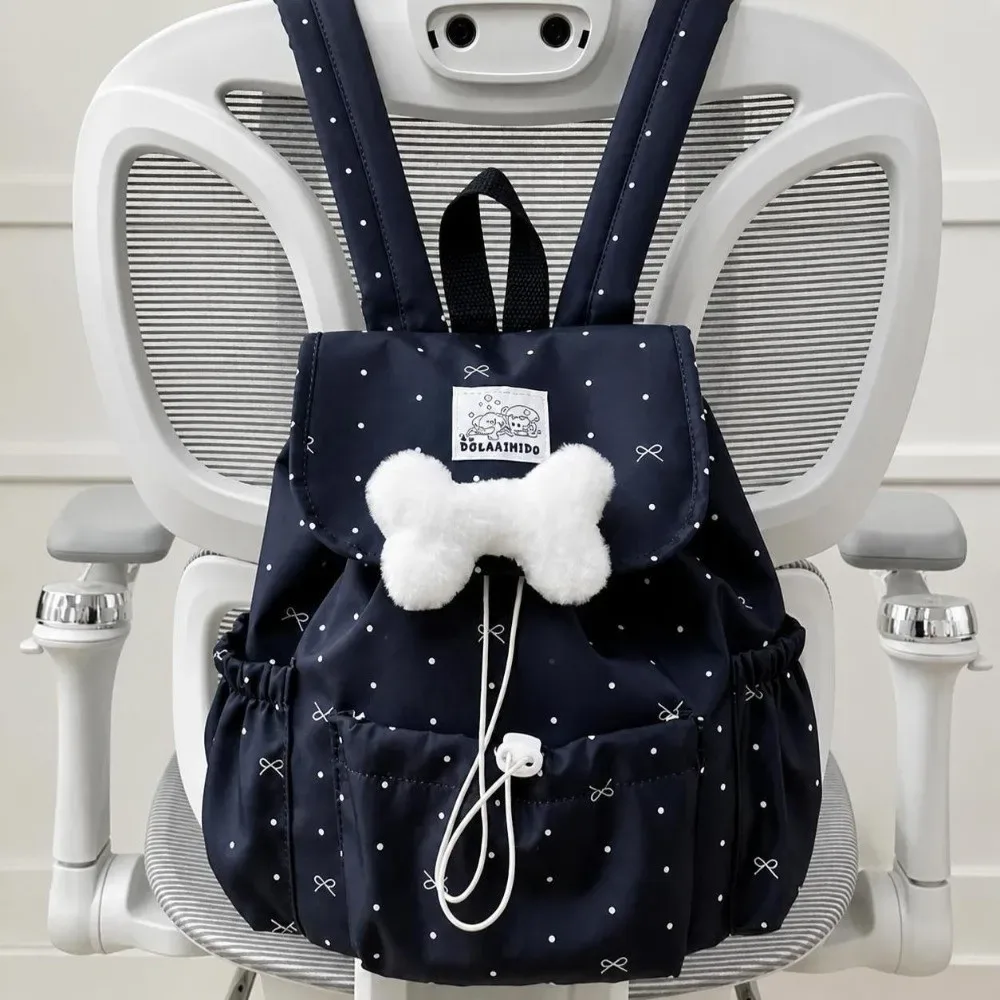Sac à dos à cordon de serrage à pois, grande capacité, ultra léger, double bandoulière, en nylon, avec nœud papillon, pour femme