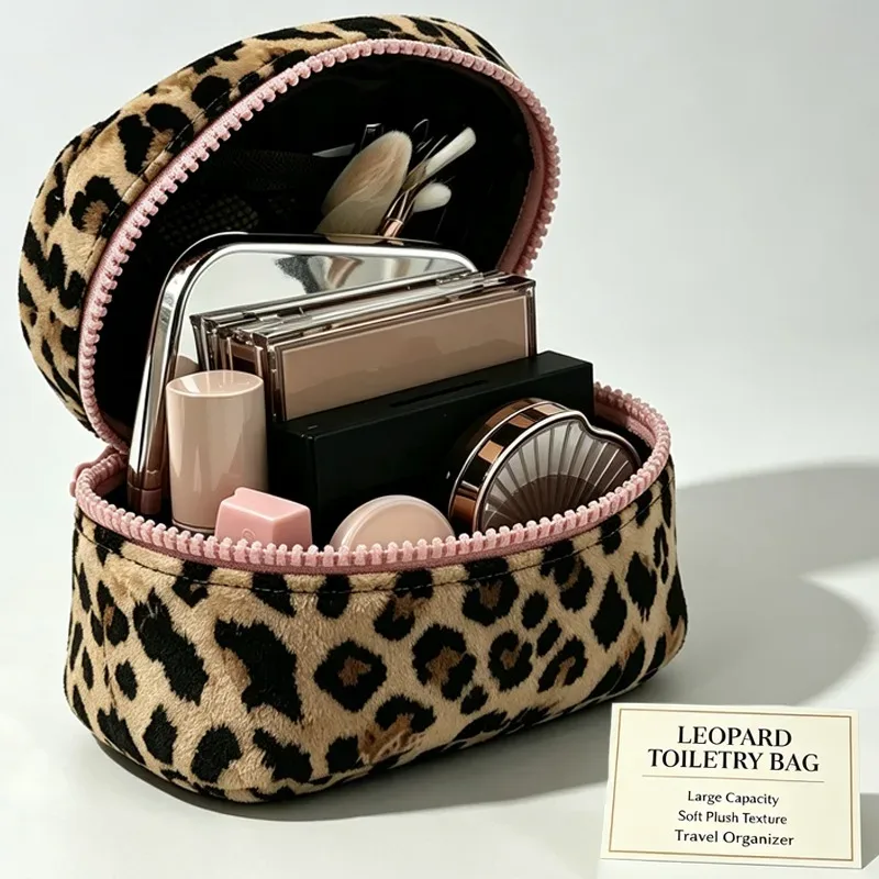 trousse de maquillage rose léopard pour femme, mignonne et tendance, portable, petite trousse de toilette de voyage, grande capacité de rangement