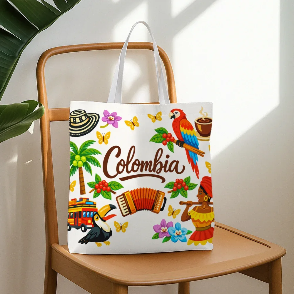 sac fourre-tout imprimé avec éléments culturels de la colombie, sac de courses réutilisable, adapté à un usage quotidien, aux courses, à l'école et aux voyages, 1 pièce