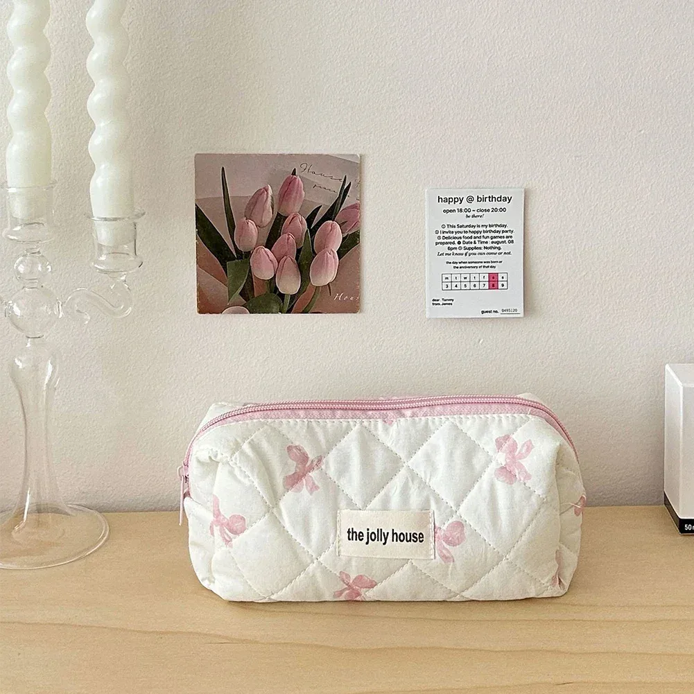 trousse de maquillage en coton matelassé pour femmes, trousse de toilette portable pour filles, trousse de maquillage à fermeture éclair, trousse de toilette à nœud mignon, sac à main pour gril à fleurs