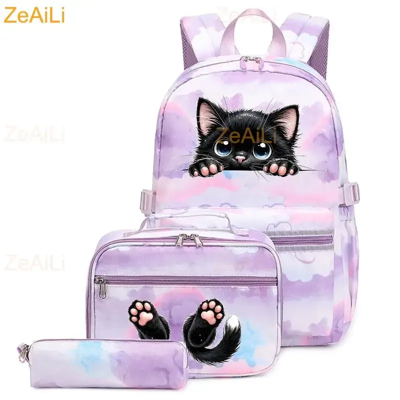 lot de 3 sacs à dos mignons pour étudiants et adolescents, motif patte de chien et chat, couleur violette, avec sac à déjeuner, sac de voyage coloré, sacs d'école pour garçons et filles, ensembles de mochilas