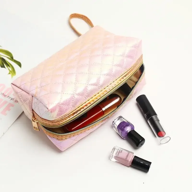 trousse de maquillage matelassée iridescente, sac de voyage pour articles de toilette, brodé, grande capacité