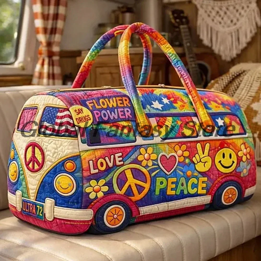 Hippie Van Flower Power Love Peace Sac de voyage matelassé motif floral arc-en-ciel pour femmes et hommes, sac de voyage pour le week-end en plein air