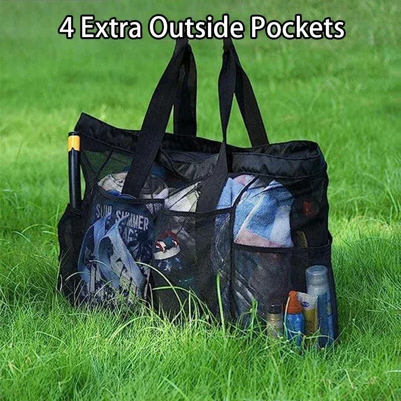 sac de plage extra large en maille avec fermeture éclair et poche, idéal pour les croisières en famille ou les vacances à la plage | sac de rangement pour articles de voyage