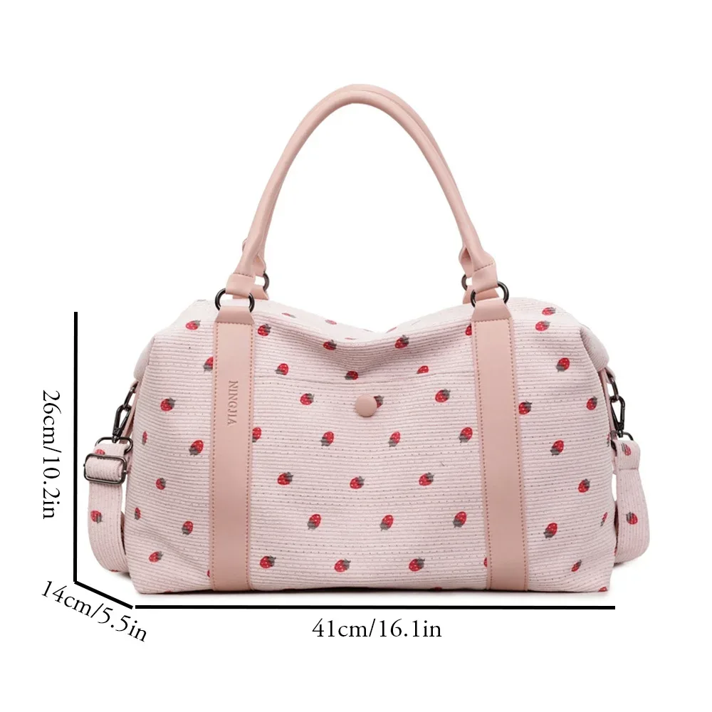 sac de voyage en velours côtelé imprimé fraises pour femme, grande capacité, avec compartiment humide/sec, idéal pour le week-end, le sport ou les vacances