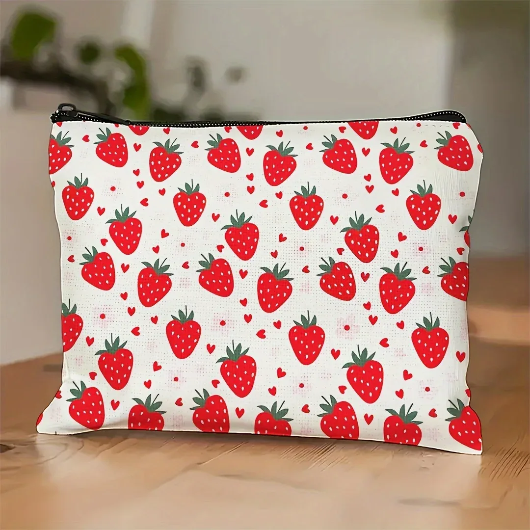 sac de maquillage chic imprimé cœur de fraise, organisateur de cosmétiques spacieux, pochette à cosmétiques à fermeture éclair, porte-monnaie, sac de rangement, trousse à crayons