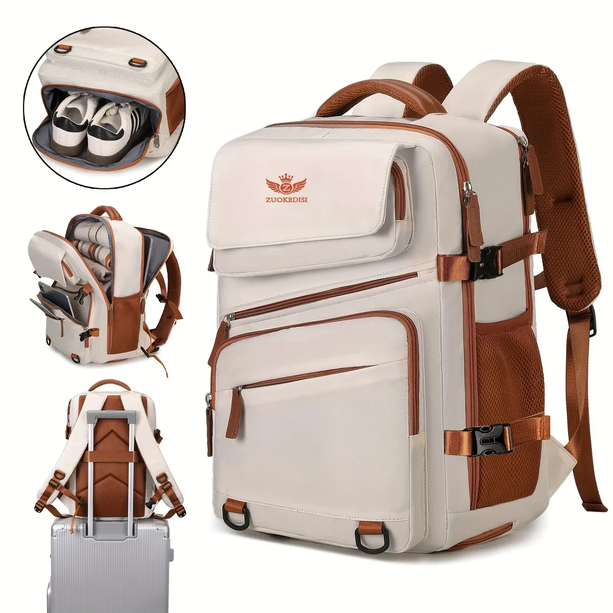 zuokedisi airlines sac à dos de voyage pour ordinateur portable de 15,6 pouces approuvé avec boîte à chaussures et sangle à bagages, sac à dos de randonnée