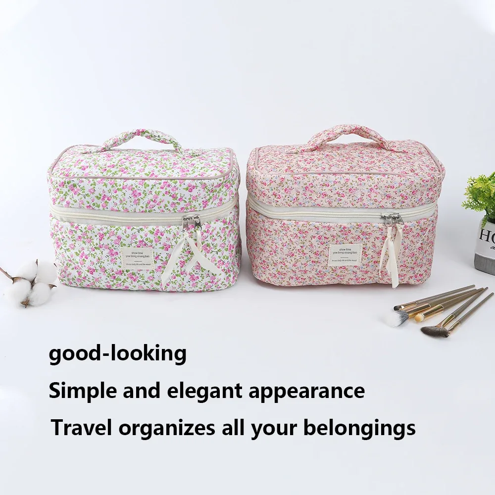 trousse de maquillage avec rembourrage en coton, motif floral, grande capacité, sensation haut de gamme, joli sac de rangement pour cosmétiques de style ins