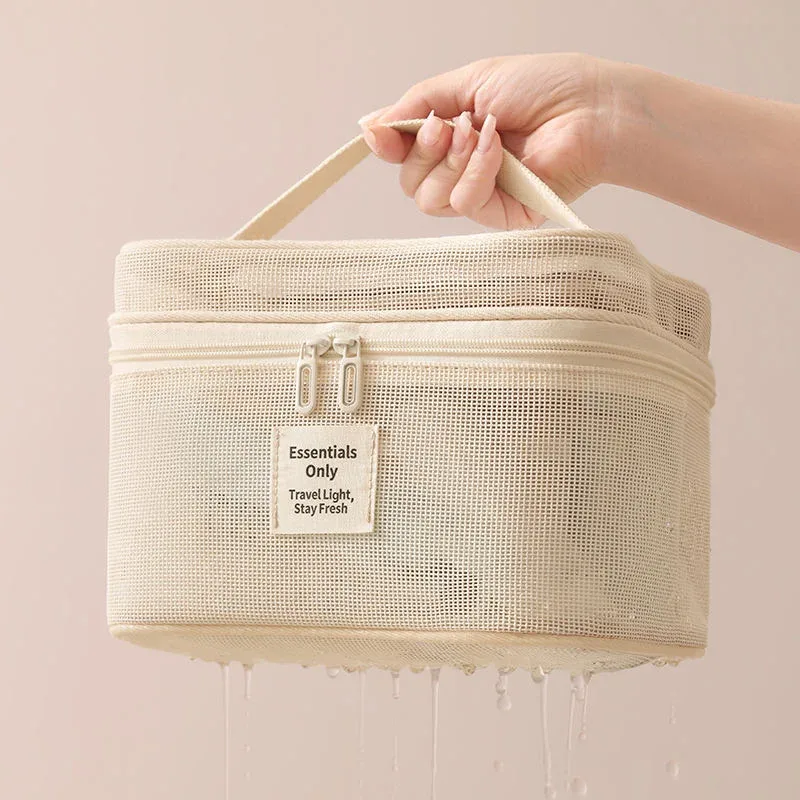 sac de voyage cosmétique et de maquillage tendance avec fermeture éclair, motif lettres en maille, durable, grande capacité, portable, respirant et à compartiments
