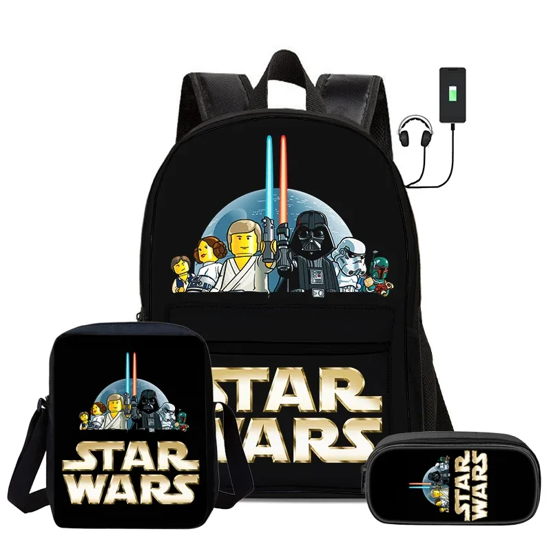 ensemble de 3 pièces star wars movie, sac à dos d'école pour enfant avec interface usb, sac à bandoulière, sac à crayons, sac à dos