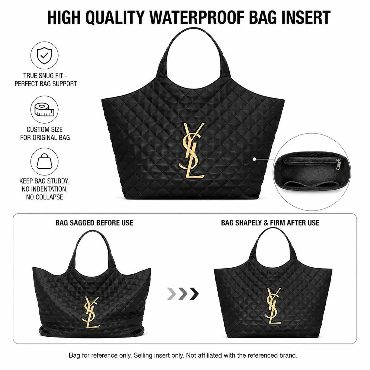 organisateur de sac compatible avec le sac shopping saint laurent icare maxi, doublure de sac imperméable et fine avec poche zippée 35 x 6 x 24 cm