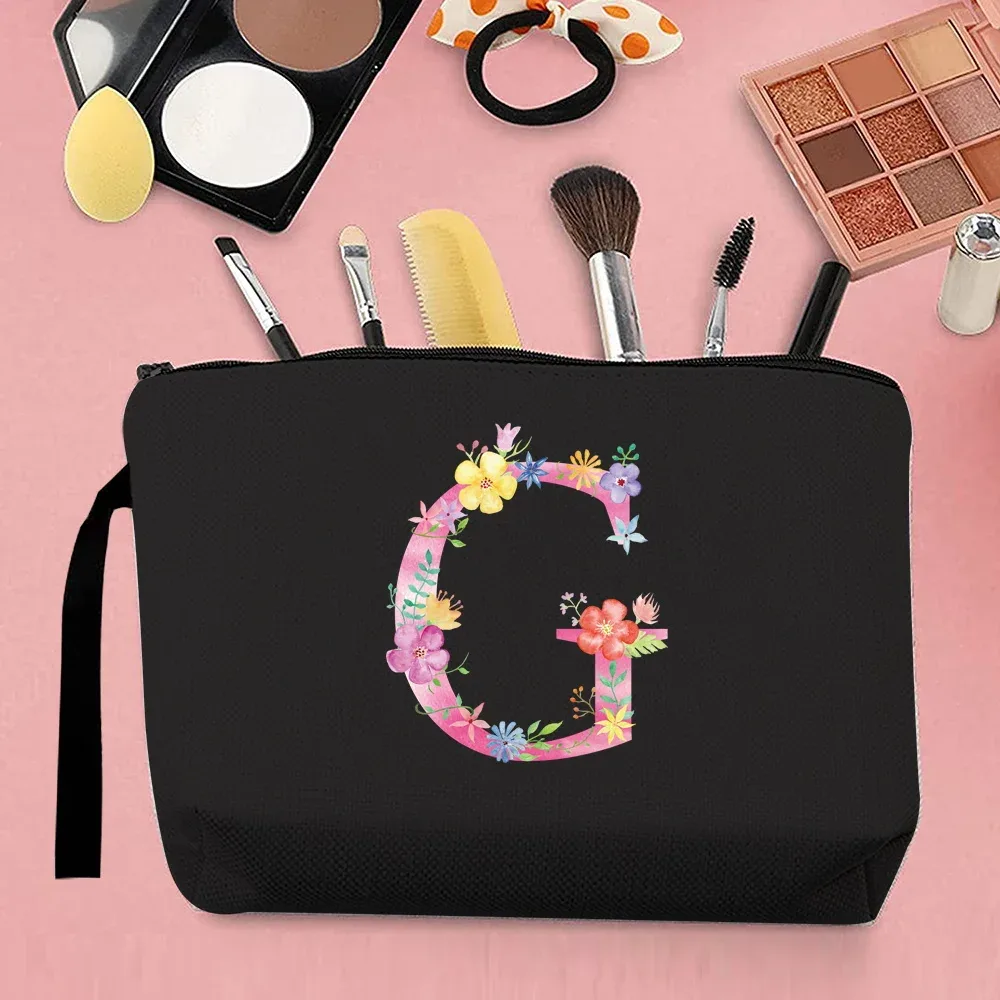 trousse de maquillage pour femmes, trousse de maquillage portable, trousse de maquillage de voyage pratique, sac à main en toile, motif de lettres roses, organisateur de bijoux
