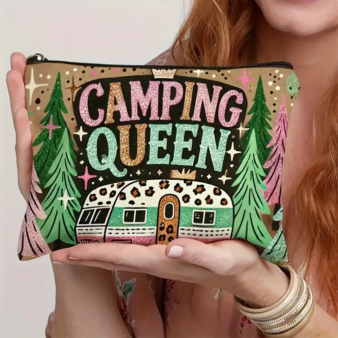 happy camper trousse de maquillage vintage pour remorque de voyage avec accents floraux pochette cosmétique légère en polyester pour voyage et camping