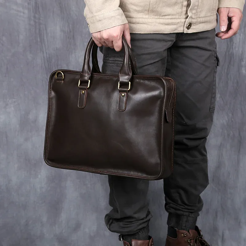 nzpj rétro hommes porte-documents en cuir pochette d'ordinateur couche supérieure en peau de vache sac à main décontracté 14 pouces sac à bandoulière d'affaires sac de messager