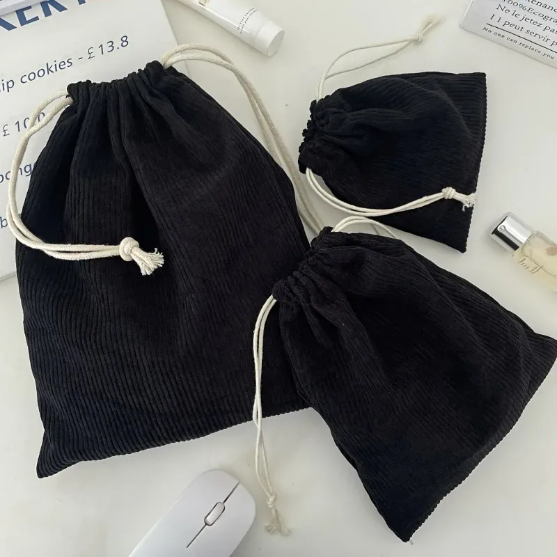 ensemble de sacs de rangement à cordon de serrage en velours côtelé – pochettes de maquillage portables légères de couleur unie avec grand, moyen