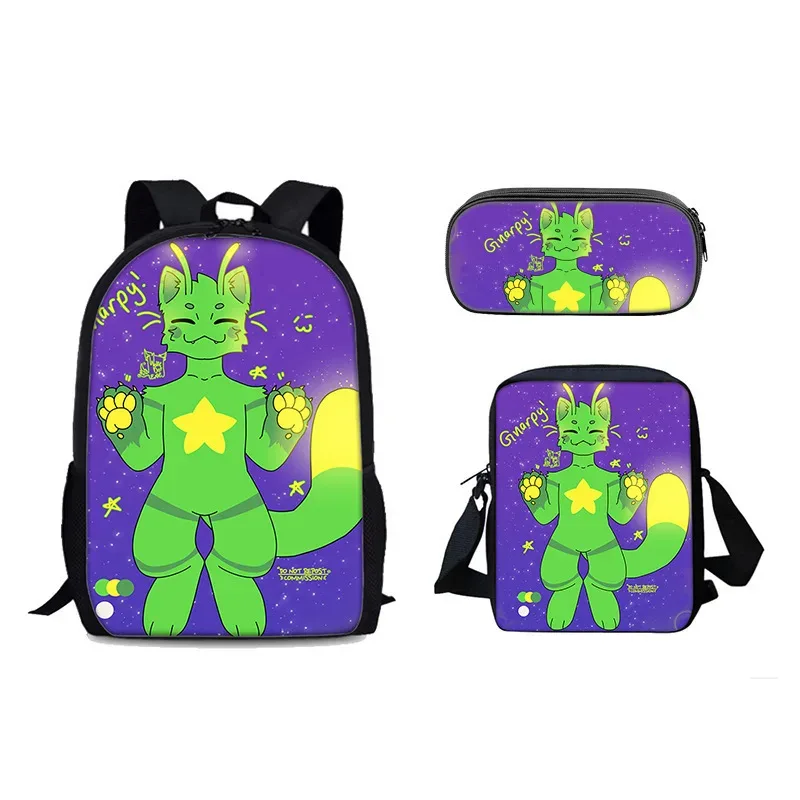 chat vert récupérateur gnarpy trois pièces ensemble sac à dos dessin animé école primaire sac à dos sac à bandoulière trousse à crayons
