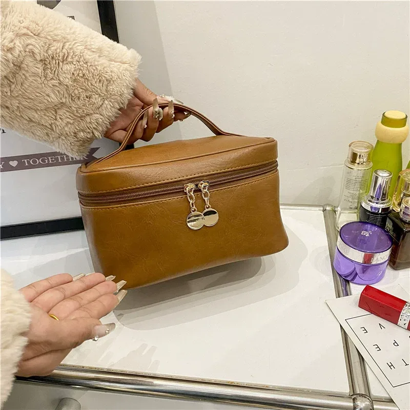 nouveaux sacs de rangement de cosmétiques de couleur unie, sacs de boîte carrée de grande capacité, étui de maquillage en cuir pu pour femmes, sacs de voyage de lavage de toilette