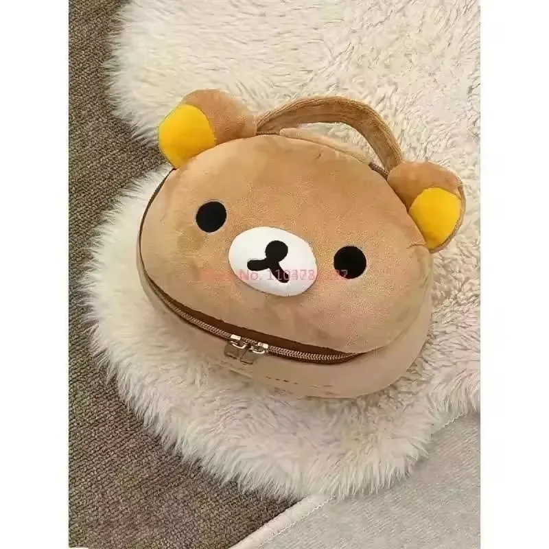 nouvelle trousse de maquillage et de rangement portable en peluche rilakkuma ours fille, mignonne, elliptique, stéréoscopique, motif dessin animé, facile à ranger