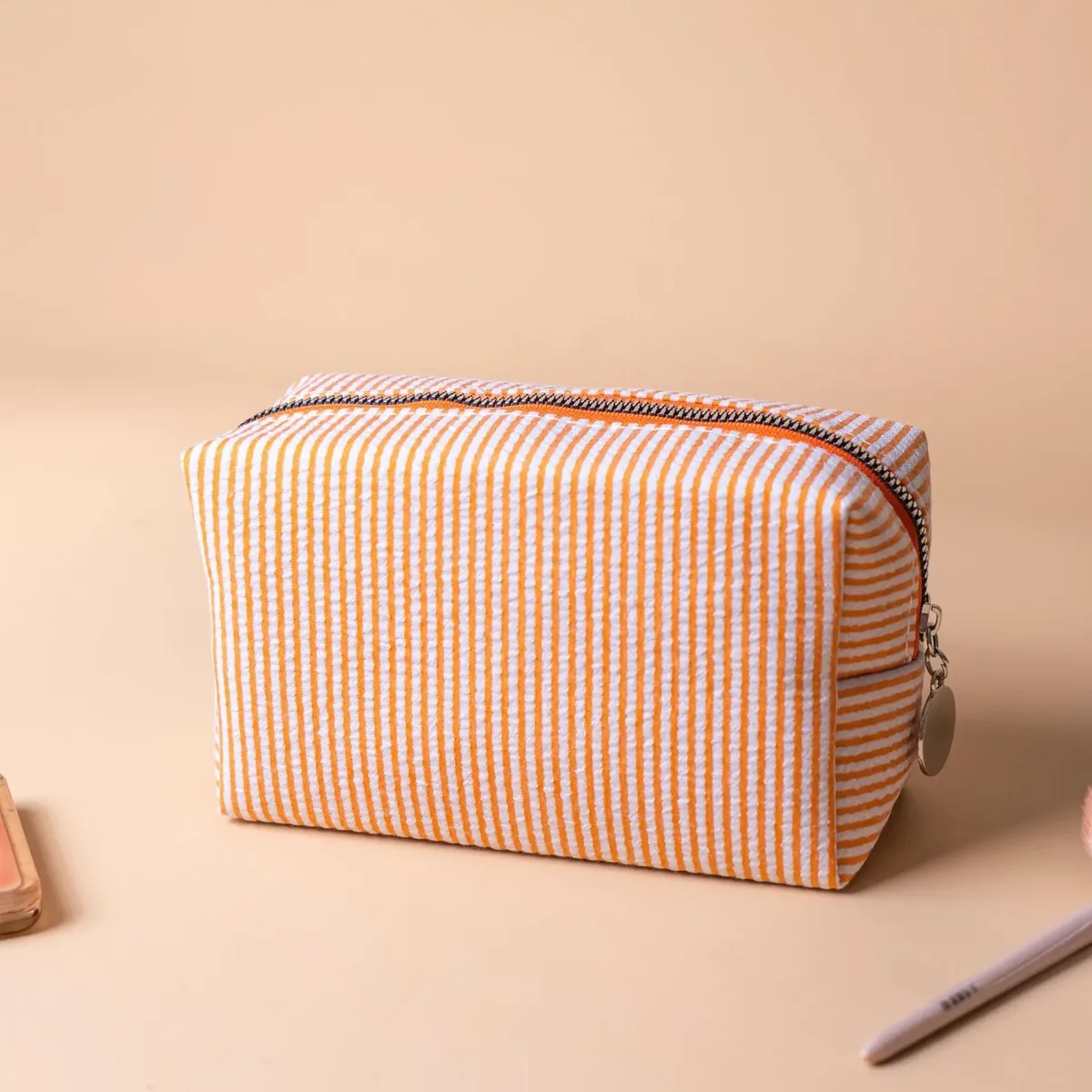 grande trousse de maquillage pour femmes en soie bulle à rayures roses, sac de rangement pour articles de toilette, sac diy pour collations et serviettes hygiéniques