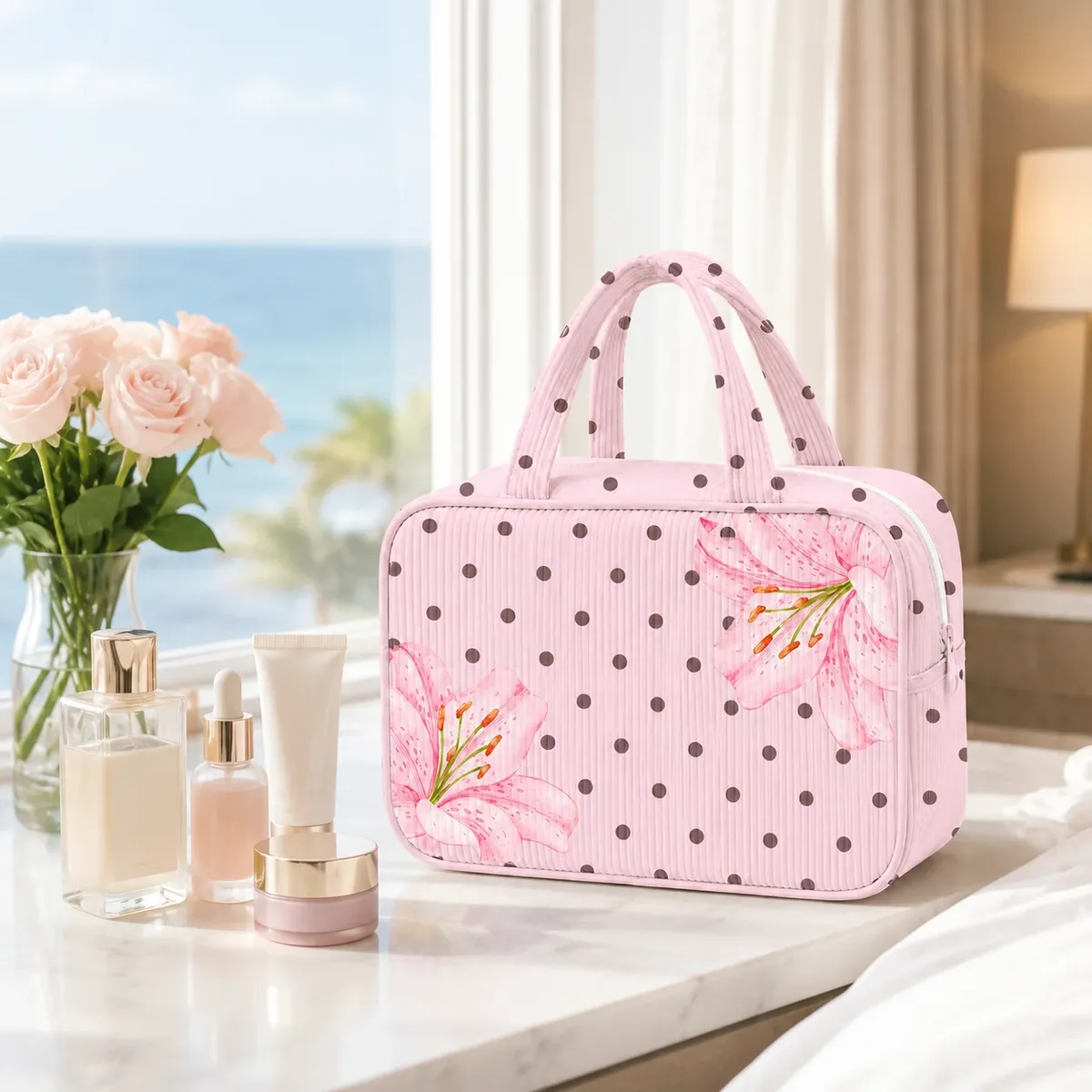 trousse de maquillage rose à pois, grande capacité côtelée avec fermeture éclair pour femmes, idéale pour les voyages et les articles de toilette