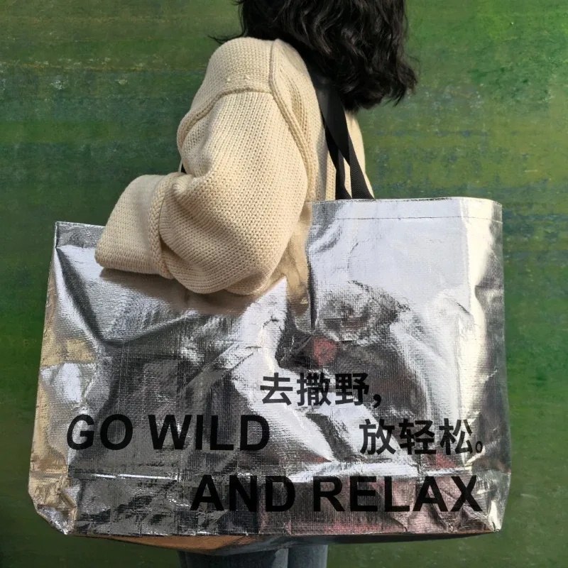 sac de courses réutilisable argenté, fourre-tout tissé imperméable, sac à bandoulière pliable pour épicerie, rangement de plage, sac à main portable extra large