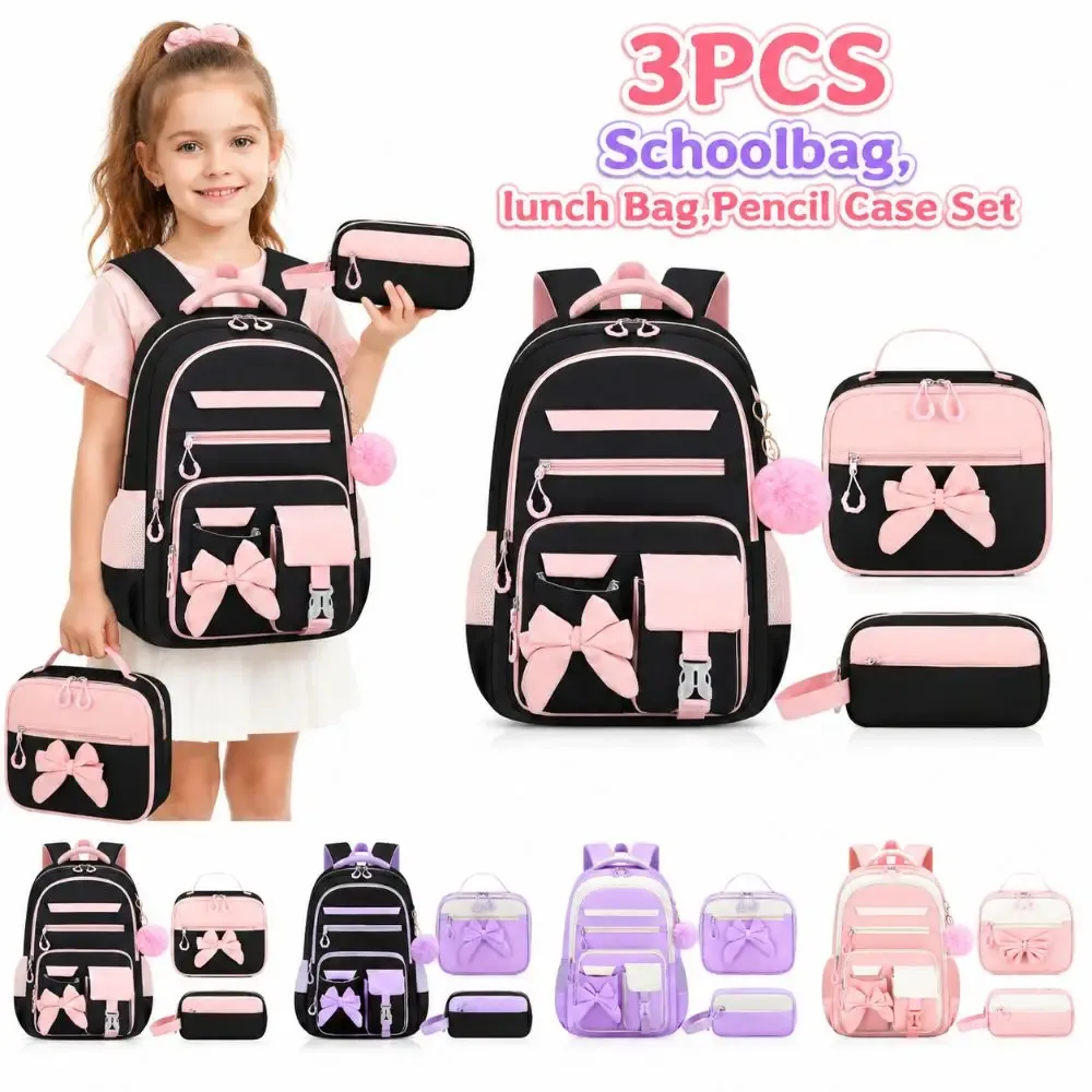 ensemble de 3 sacs à dos, sac à lunch et trousse à crayons en tissu oxford, grande capacité, nœud papillon, imperméable et léger