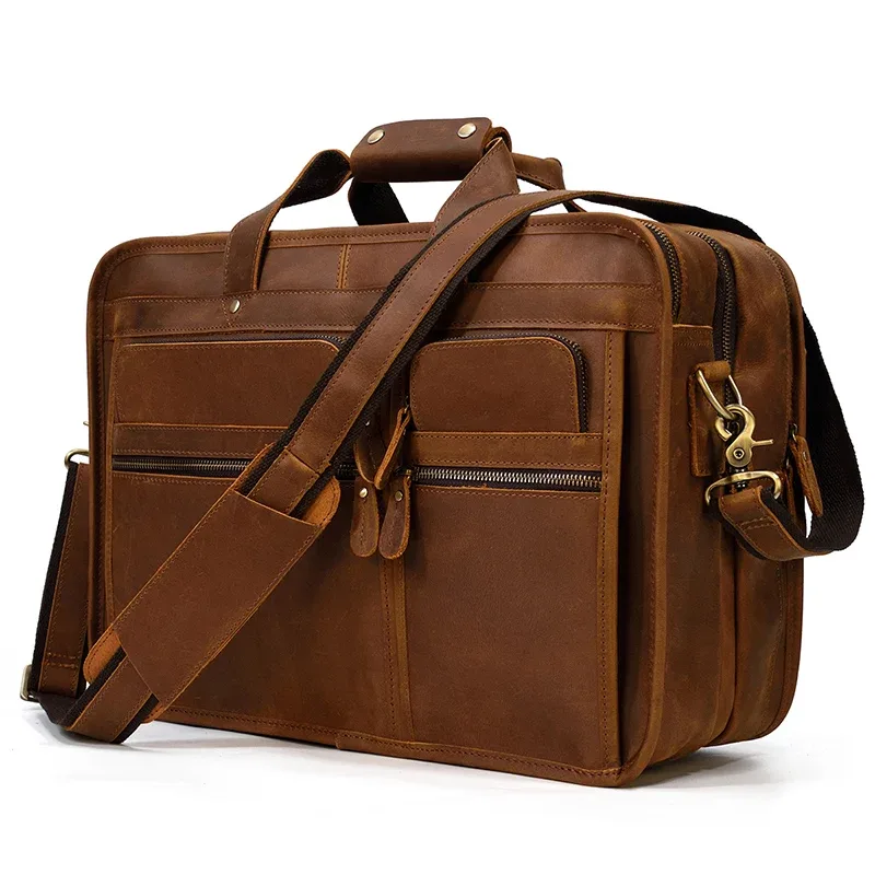 17.3 pouces mallette pour ordinateur portable en cuir véritable pochette d'ordinateur voyage d'affaires fourre-tout sacs à main pour hommes mâle grand bref étui sac rétro