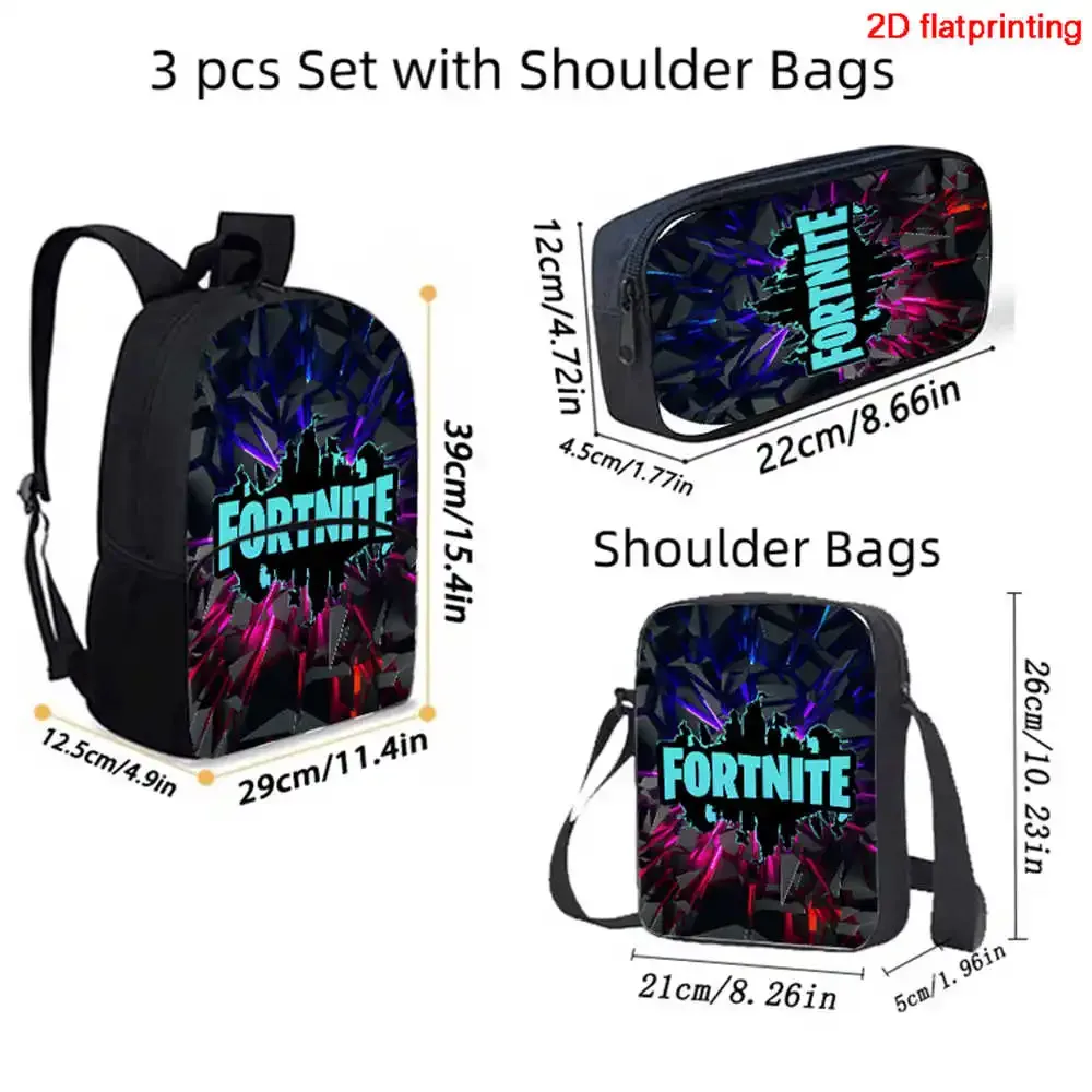 Ensemble de 3 sacs à dos Fortnite Cartoon unisexe pour garçons et filles, sac à dos avec poche avant, sac bandoulière et trousse à crayons, meilleur cadeau