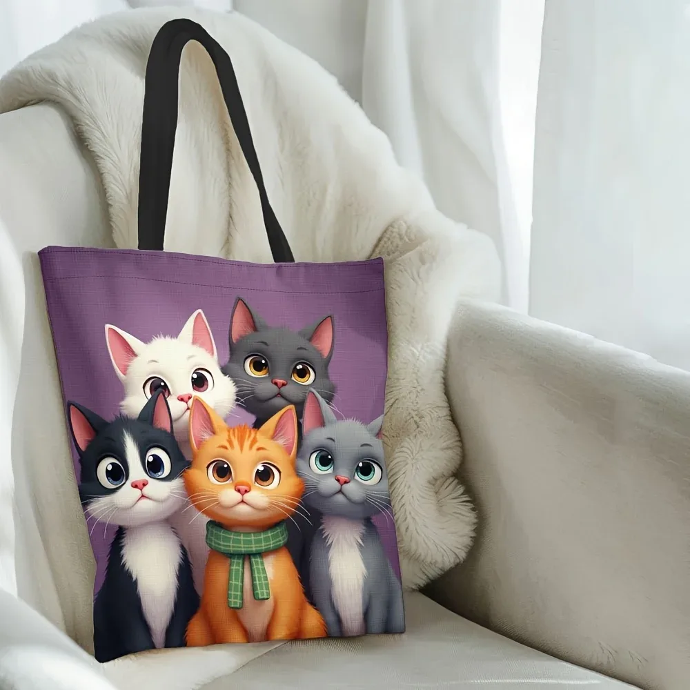 1pc adorable sac fourre-tout chat de dessin animé-polyester durable, conception de chaton orange et blanc vibrant avec écharpe verte