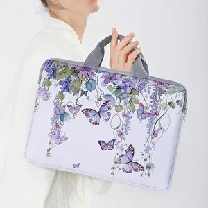 Un ensemble, deux styles, sacoche pour ordinateur portable imprimée avec motif glycine et papillon, adaptée aux ordinateurs portables de 14 pouces