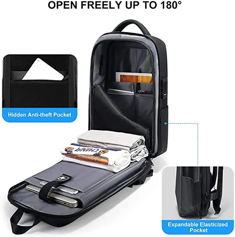 sac à dos pour ordinateur portable 15.6 pouces pour homme, sac de voyage extensible, sac d'affaires antivol étanche, chargement usb, sac à coque rigide abs