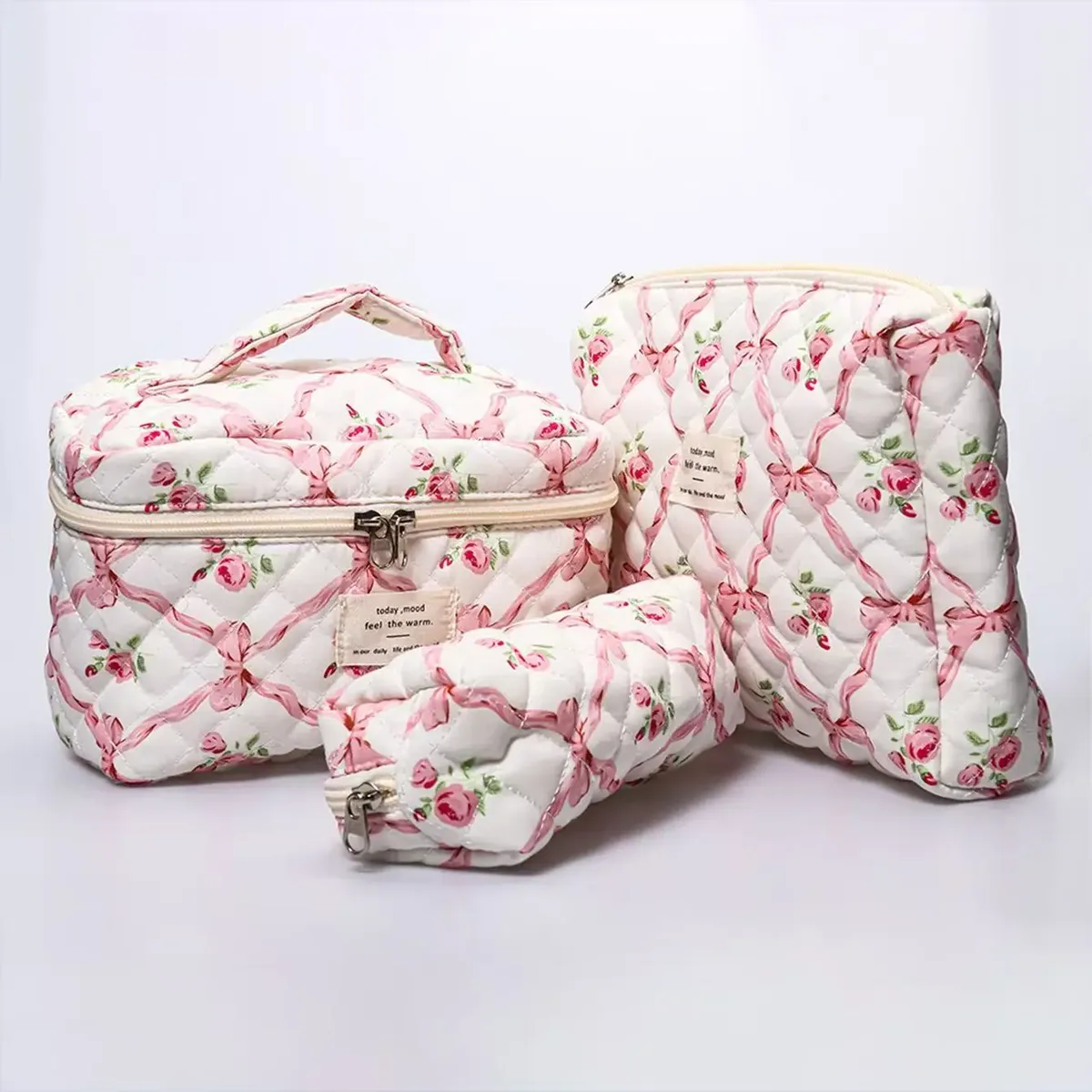 trousse de maquillage en coton matelassé avec nœud et fleur, sac cosmétique zippé pour femme, pochette portable en tissu pour filles