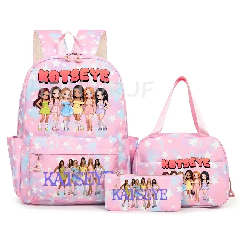 sac à dos katseye à thème musical, 3 pièces, imprimé étoiles roses, cartable amusant pour adolescents, étudiants, femmes, sac à dos pour ordinateur portable, sac de voyage mochila